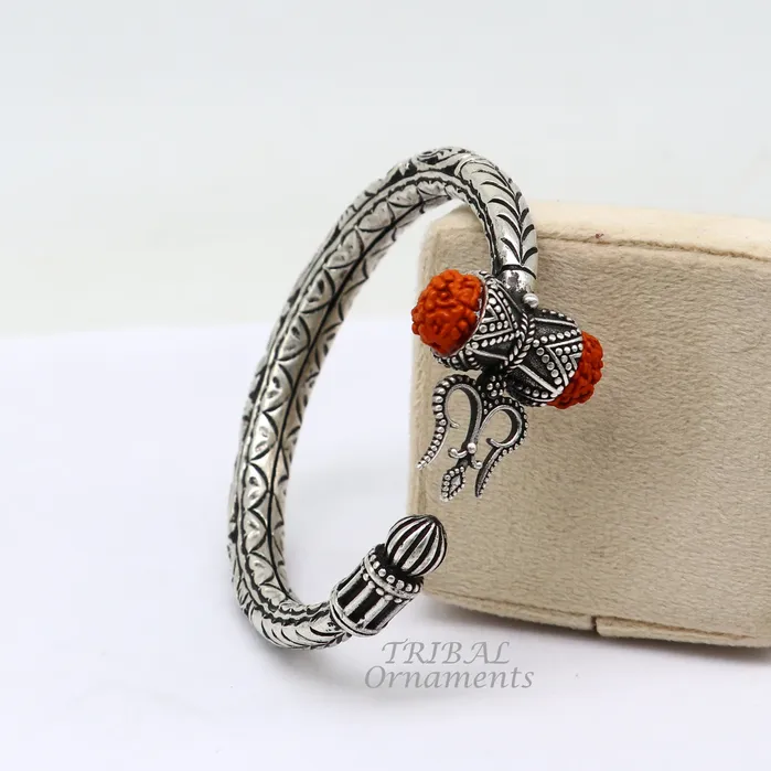 925 Sterling silver handmade chitai work Lord Shiva trident trishul kada bangle bracelet with natural Rudraksha customized kada nsk419 TRIBAL ORNAMENTS Bracelets