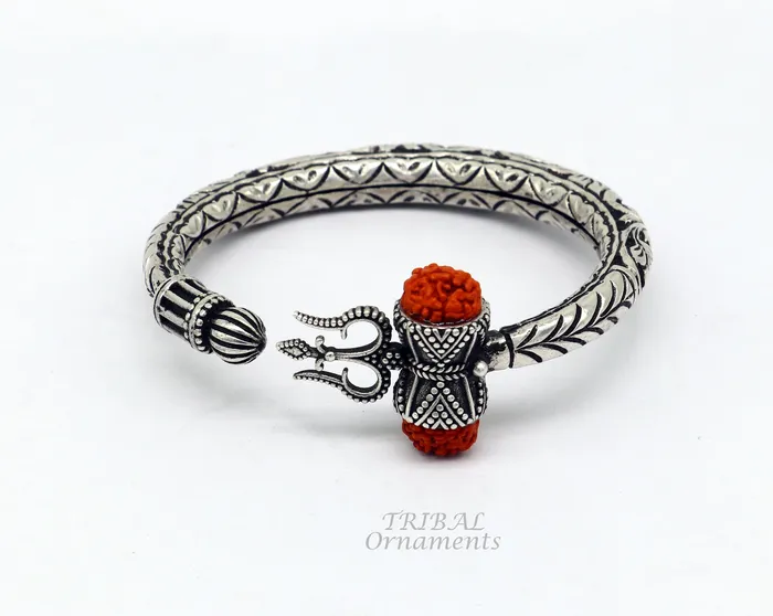 925 Sterling silver handmade chitai work Lord Shiva trident trishul kada bangle bracelet with natural Rudraksha customized kada nsk419 TRIBAL ORNAMENTS Bracelets