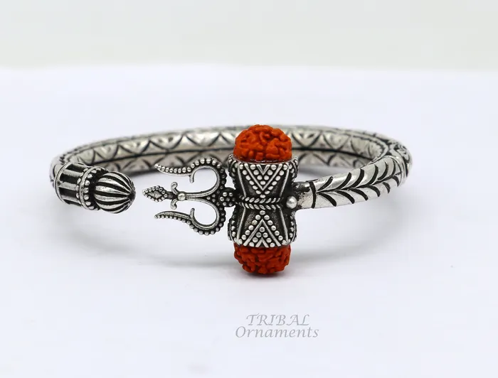 925 Sterling silver handmade chitai work Lord Shiva trident trishul kada bangle bracelet with natural Rudraksha customized kada nsk419 TRIBAL ORNAMENTS Bracelets