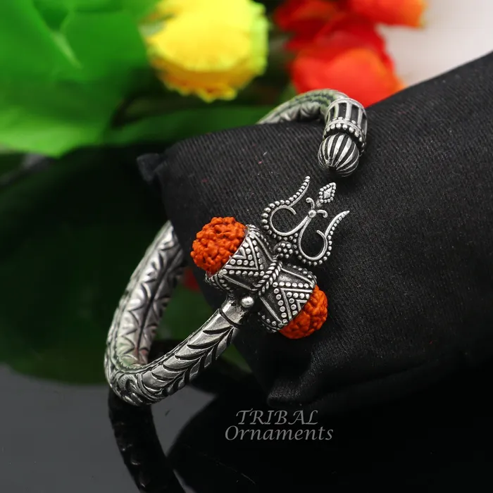 925 Sterling silver handmade chitai work Lord Shiva trident trishul kada bangle bracelet with natural Rudraksha customized kada nsk419 TRIBAL ORNAMENTS Bracelets