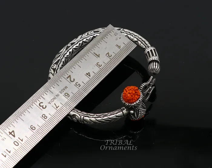 925 Sterling silver handmade chitai work Lord Shiva trident trishul kada bangle bracelet with natural Rudraksha customized kada nsk419 TRIBAL ORNAMENTS Bracelets