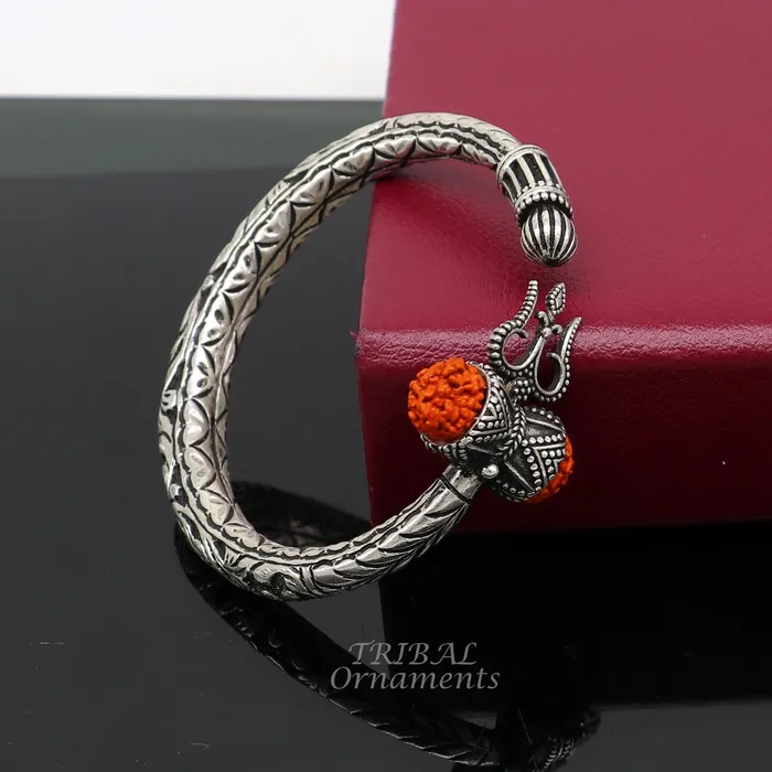 925 Sterling silver handmade chitai work Lord Shiva trident trishul kada bangle bracelet with natural Rudraksha customized kada nsk419 TRIBAL ORNAMENTS Bracelets
