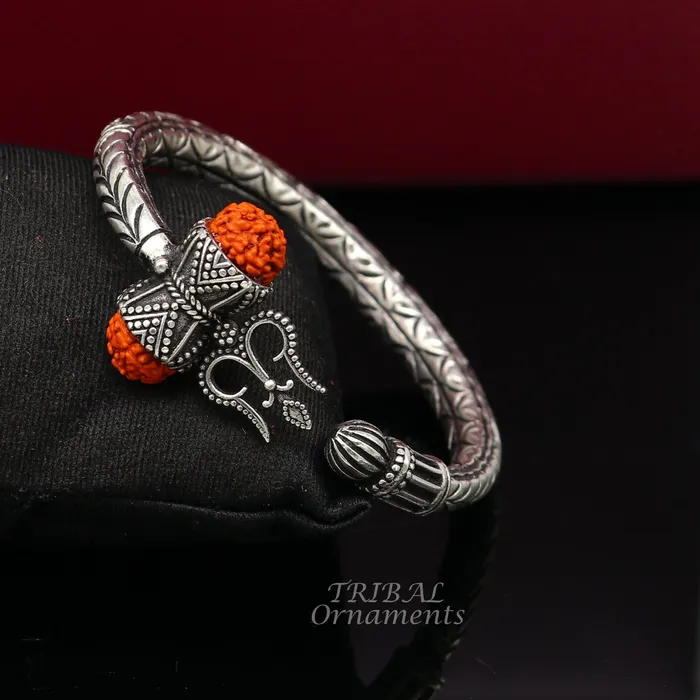 925 Sterling silver handmade chitai work Lord Shiva trident trishul kada bangle bracelet with natural Rudraksha customized kada nsk419 TRIBAL ORNAMENTS Bracelets