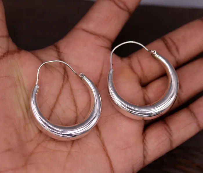 925 sterling silver handmade fabulous plain shining hoops earrings kundal unisex tribal bell dance jewelry from india s575 TRIBAL ORNAMENTS Earrings