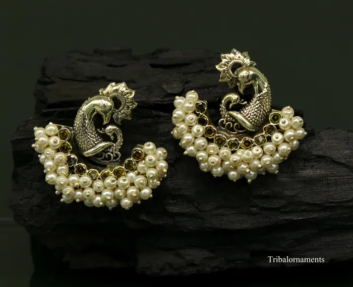 925 sterling silver handmade gorgeous peacock design stud earring with gorgeous pearl stone customized earring tribal jewelry s860 TRIBAL ORNAMENTS Earrings