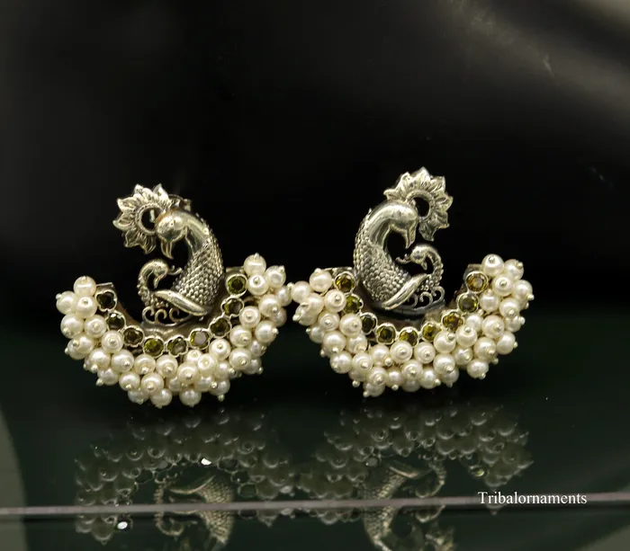 925 sterling silver handmade gorgeous peacock design stud earring with gorgeous pearl stone customized earring tribal jewelry s860 TRIBAL ORNAMENTS Earrings