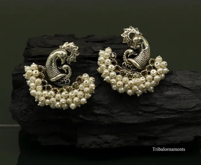 925 sterling silver handmade gorgeous peacock design stud earring with gorgeous pearl stone customized earring tribal jewelry s860 TRIBAL ORNAMENTS Earrings