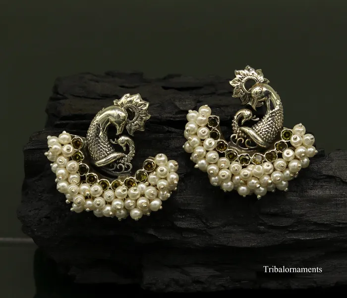 925 sterling silver handmade gorgeous peacock design stud earring with gorgeous pearl stone customized earring tribal jewelry s860 TRIBAL ORNAMENTS Earrings