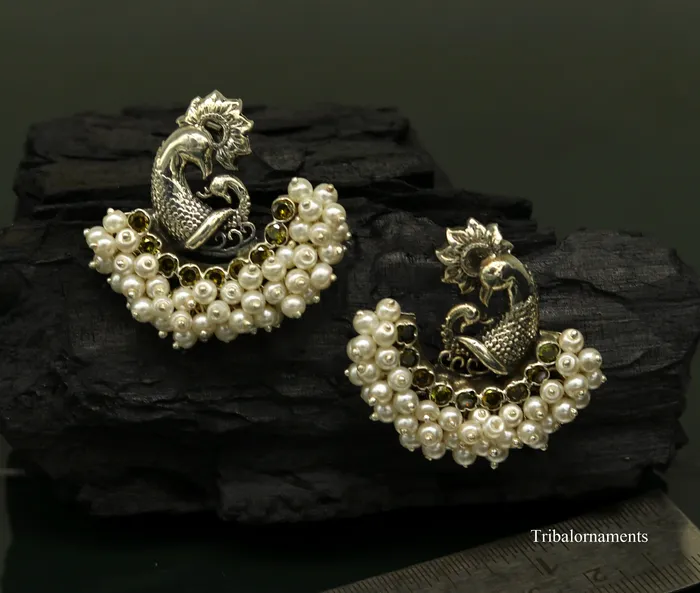 925 sterling silver handmade gorgeous peacock design stud earring with gorgeous pearl stone customized earring tribal jewelry s860 TRIBAL ORNAMENTS Earrings