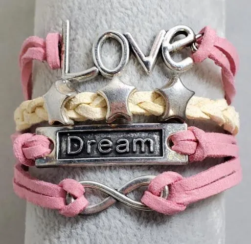 alice AZ1367 Pink Beige Dream Love Star Infinity Layer Leather Bracelet Bracelets