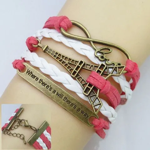 alice B1052 Pink White Love Eiffel Tower Where Theres a Will Theres a Way Leather Bracelet Bracelets alice B1052 Pink White Love Eiffel Tower Where Theres a Will Theres a Way Leather Bracelet Bracelets