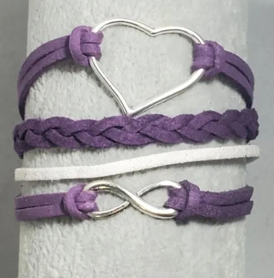 alice B725 Purple Heart Infinity Leather Layer Bracelet Bracelets