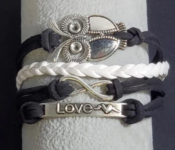 alice Bracelets AZ1121 Black Owl Love Infinity Leather Layer Bracelet