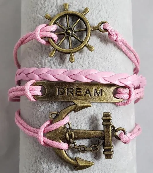 alice Bracelets AZ1185 Light Pink Dream Ship Wheel Anchor Infinity Layer Leather Bracelet