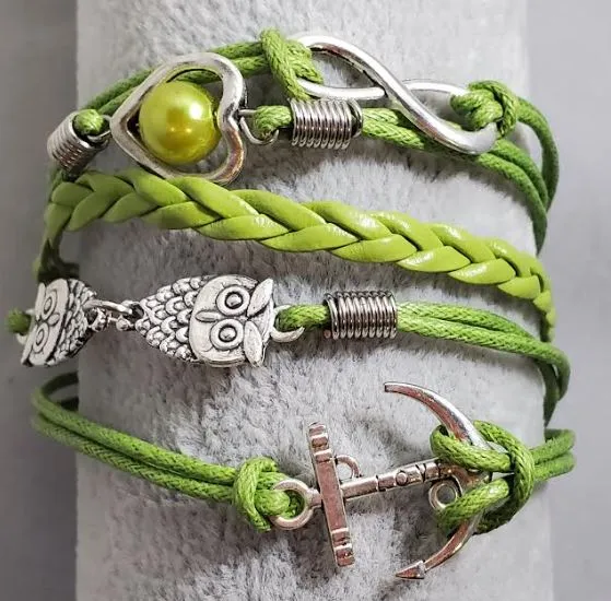 alice Bracelets AZ306 Lime Green Owl Anchor Heart Infinity Leather Layer Bracelet alice Bracelets AZ306 Lime Green Owl Anchor Heart Infinity Leather Layer Bracelet
