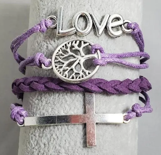 alice Bracelets AZ380 Lavender Love Tree Cross Leather Layer Bracelet