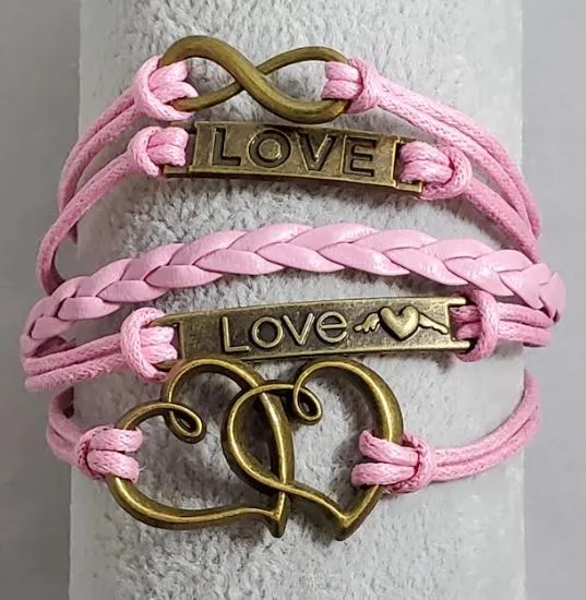 alice Bracelets AZ395 Pink Love Heart Infinity Leather Layer Bracelet