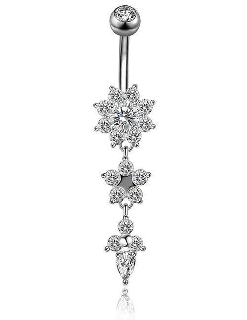Alice Rings P36 Silver Flower Rhinestone Gem Ball Belly Button Ring