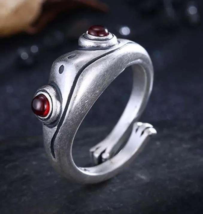 AR10 Silver Red Eye Frog Adjustable Ring POLLY Rings
