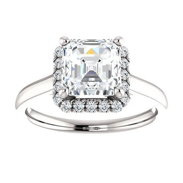 Asscher Moissanite Diamond Accent Ice Halo FrenchSet Ring Fire Brilliance Rings