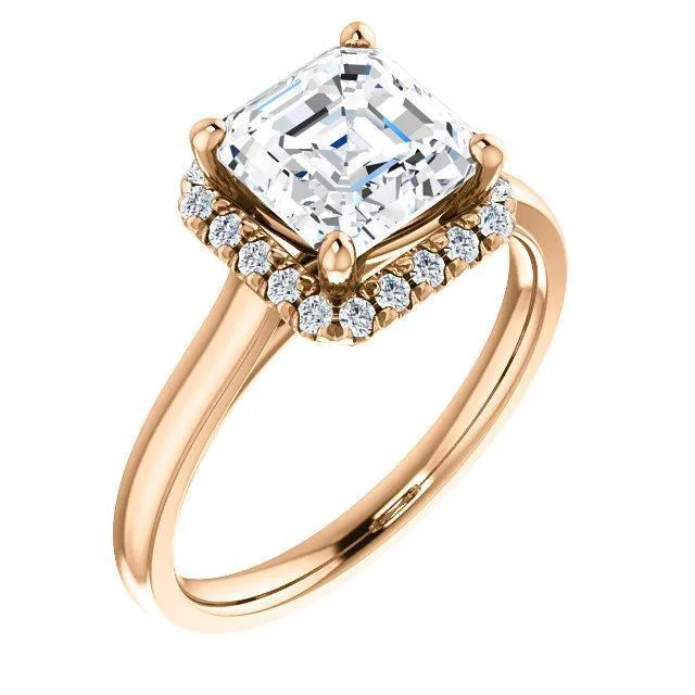 Asscher Moissanite Diamond Accent Ice Halo FrenchSet Ring Fire Brilliance Rings