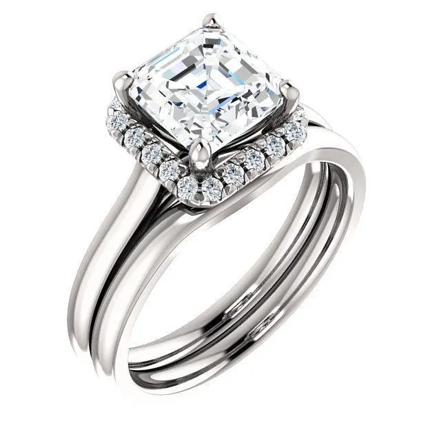 Asscher Moissanite Diamond Accent Ice Halo FrenchSet Ring Fire Brilliance Rings