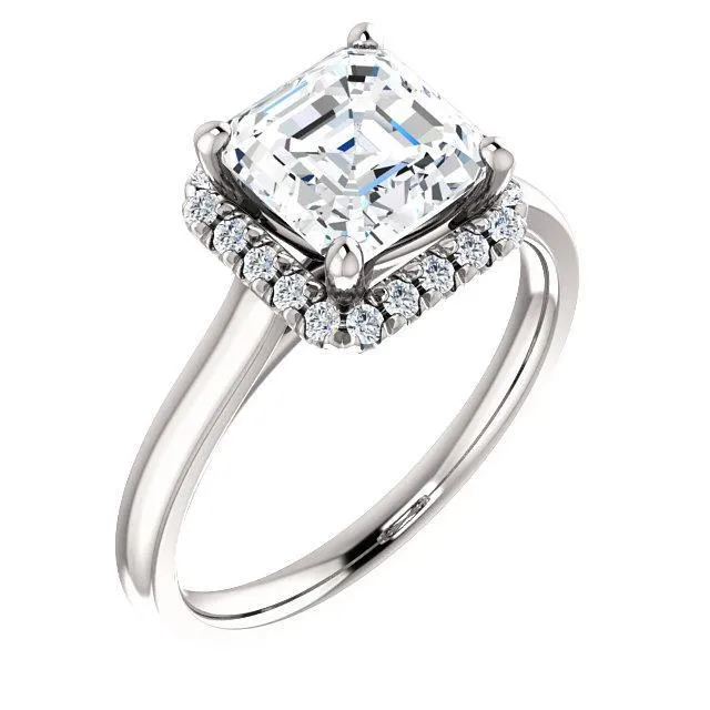 Asscher Moissanite Diamond Accent Ice Halo FrenchSet Ring Fire Brilliance Rings