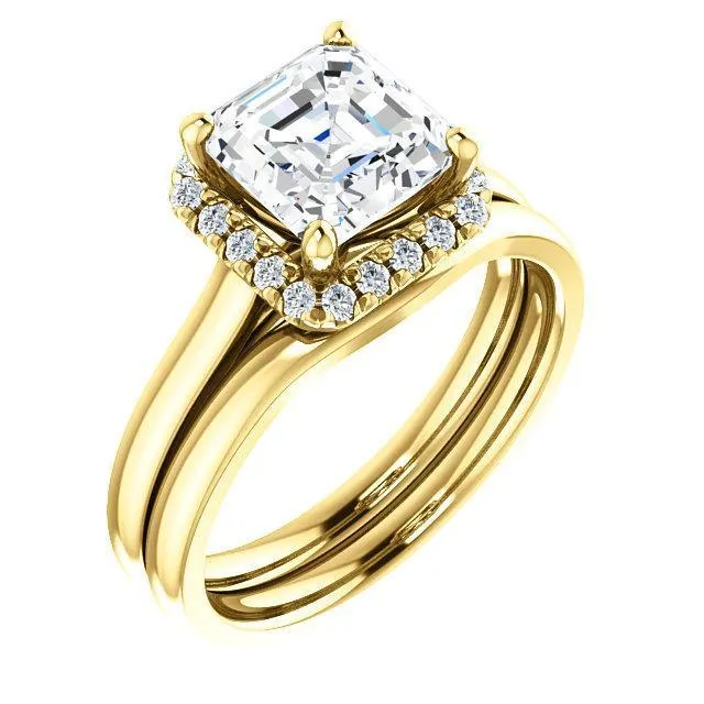 Asscher Moissanite Diamond Accent Ice Halo FrenchSet Ring Fire Brilliance Rings