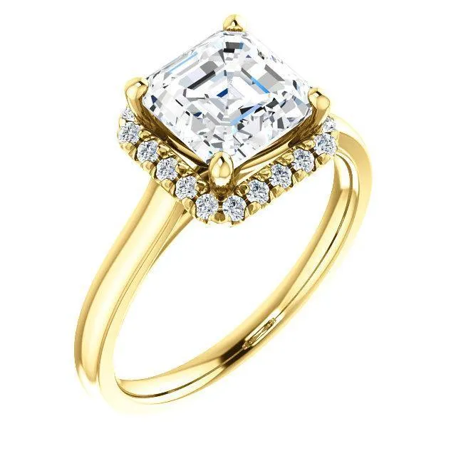 Asscher Moissanite Diamond Accent Ice Halo FrenchSet Ring Fire Brilliance Rings