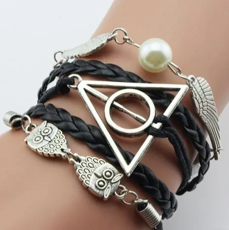 AZ1431 Black Owl Wing Deathly Hallows Infinity Layer Leather Bracelet alice Bracelets AZ1431 Black Owl Wing Deathly Hallows Infinity Layer Leather Bracelet alice Bracelets
