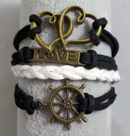 AZ1459 Black White Heart Love Ship Wheel Infinity Layer Leather Bracelet alice Bracelets AZ1459 Black White Heart Love Ship Wheel Infinity Layer Leather Bracelet alice Bracelets