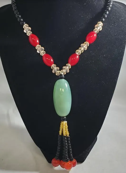 AZ20 Black Bead Sage Green Glass Long Necklace With Free Earrings polly Necklaces AZ20 Black Bead Sage Green Glass Long Necklace With Free Earrings polly Necklaces