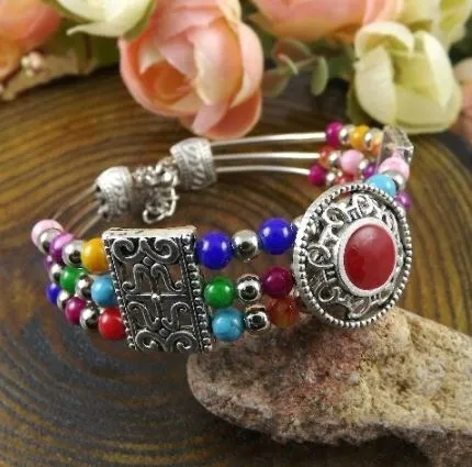 B487 Silver Multi Color Bead Layered Bracelet POLLY Bracelets
