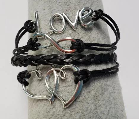 B602 Black Love Hearts Infinity Leather Layered Bracelet polly Bracelets