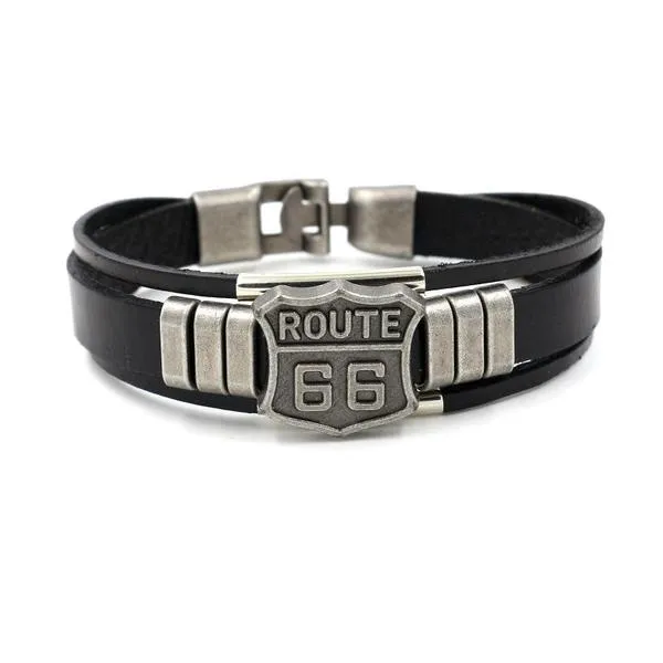 B719 Black Leather Route 66 Bracelet 01 Bracelets
