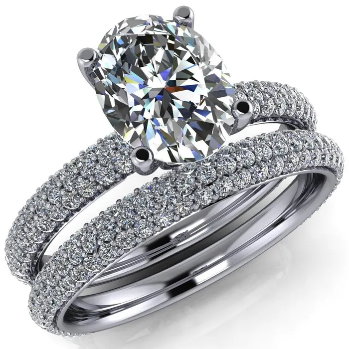 Bisou Oval Center Stone Diamond Crusted Band 4 Prong Ring Fire Brilliance Rings