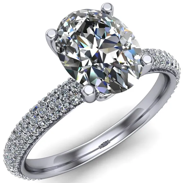 Bisou Oval Center Stone Diamond Crusted Band 4 Prong Ring Fire Brilliance Rings