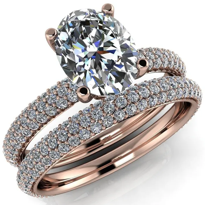 Bisou Oval Center Stone Diamond Crusted Band 4 Prong Ring Fire Brilliance Rings