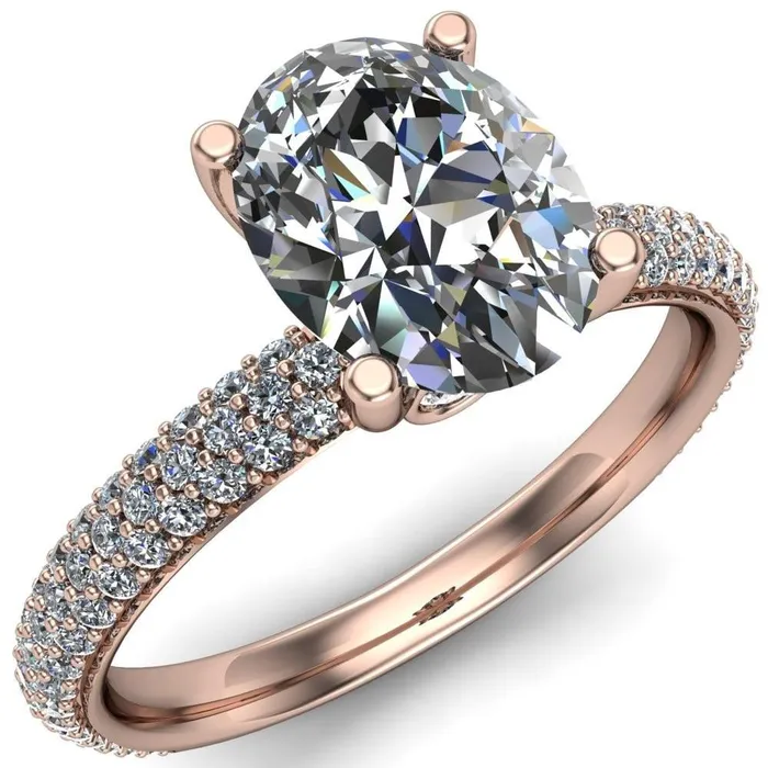 Bisou Oval Center Stone Diamond Crusted Band 4 Prong Ring Fire Brilliance Rings