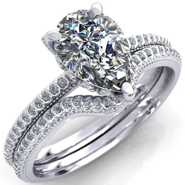 Bolin Pear Center Stone UShaped Fence With Spheres Engagement Ring Fire Brilliance Rings