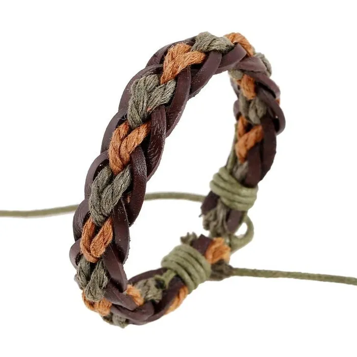 Bracelets 01 B955 Brown Green Braided Rope and Leather Bracelet