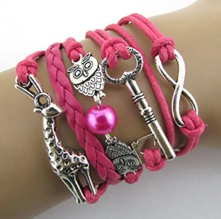 Bracelets alice AZ1240 Hot Pink Key Giraffe Owl Infinity Leather Bracelet