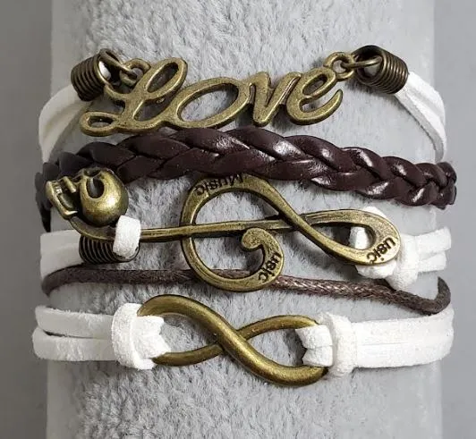 Bracelets alice AZ760 Brown White Love Music Note Infinity Leather Layer Bracelet Bracelets alice AZ760 Brown White Love Music Note Infinity Leather Layer Bracelet