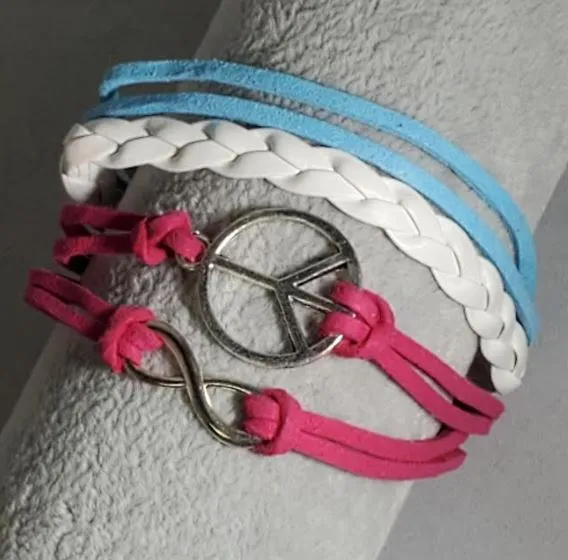 Bracelets alice B574 Hot Pink Light Blue Peace Sign Infinity Leather Bracelet