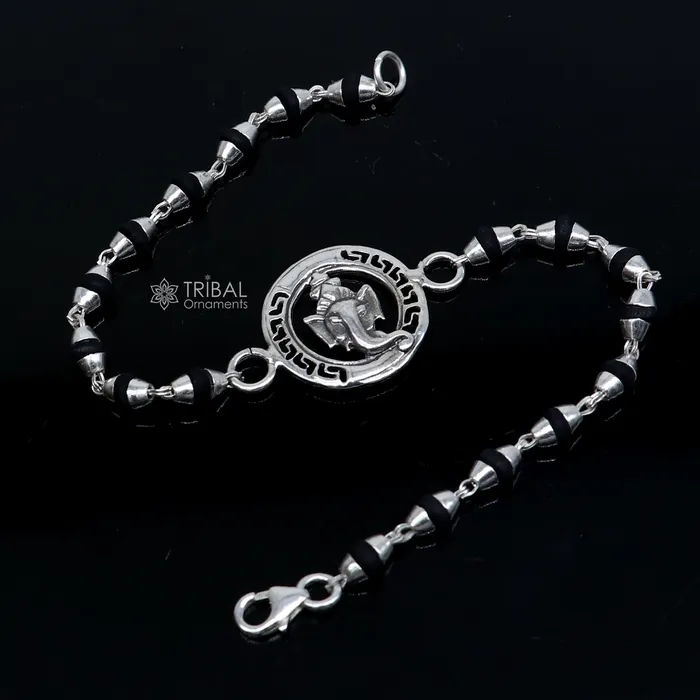 Bracelets TRIBAL ORNAMENTS 925 sterling silver handmad Lord Ganesha design holy basil rosary beads Rakhi bracelet black Tulsi beaded bracelet rk397