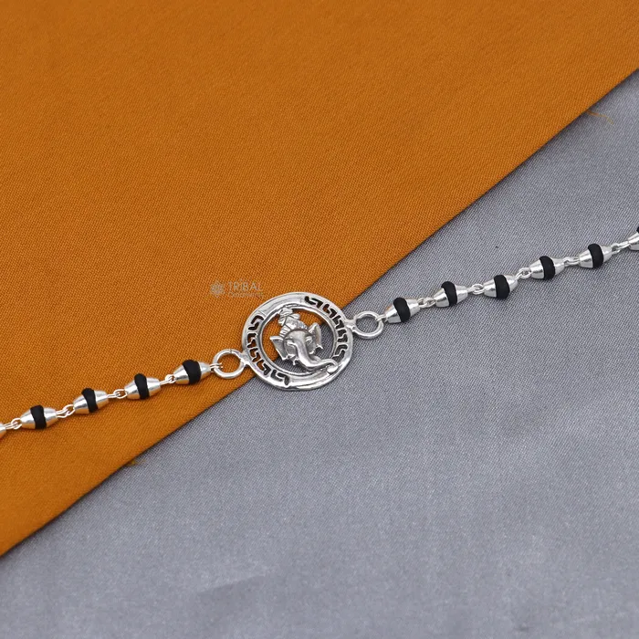 Bracelets TRIBAL ORNAMENTS 925 sterling silver handmad Lord Ganesha design holy basil rosary beads Rakhi bracelet black Tulsi beaded bracelet rk397