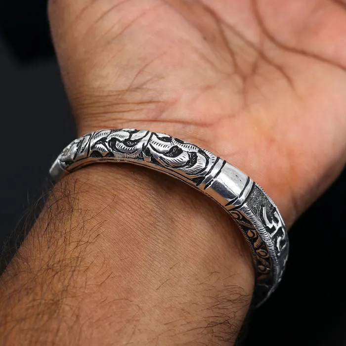 Bracelets TRIBAL ORNAMENTS 925 Sterling silver handmade Divine jai Shree Shyam Lord Krishna mantra bracelet kada best divine unisex tribal ethnic jewelry nsk709
