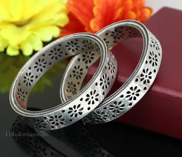 Bracelets TRIBAL ORNAMENTS Exclusive 925 sterling silver handmade floral bangle bracelet vintage design stylish brides bangle wide elegant bangle jewelry ba116