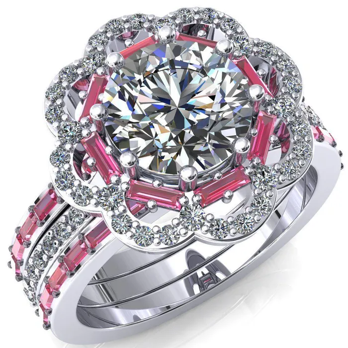 Camelia Round Center Stone Accent Diamond and Pink Sapphire Halo Ring Fire Brilliance Rings Camelia Round Center Stone Accent Diamond and Pink Sapphire Halo Ring Fire Brilliance Rings