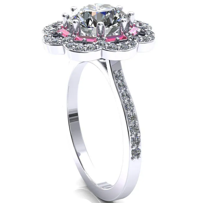 Camelia Round Center Stone Accent Diamond and Pink Sapphire Halo Ring Fire Brilliance Rings